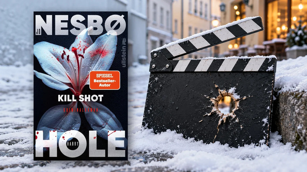 Buchcover »Kill Shot« von Jo Nesbø neben einer verschneiten Filmklappe mit Einschussloch in einer winterlichen Gasse