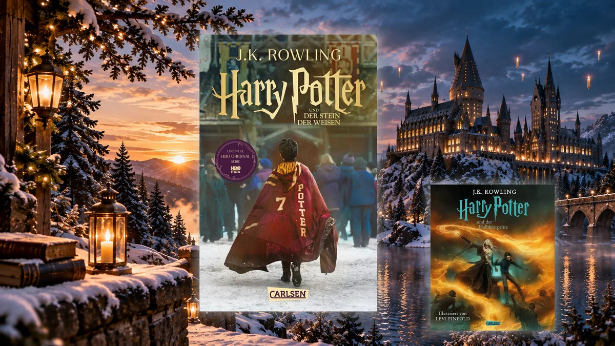 Die Ausgabe zur TV-Serie von »Harry Potter und der Stein der Weisen« und der von Levi Pinfold illustrierte »Halbblutprinz« vor einem verschneiten Schloss an einem See bei Sonnenuntergang