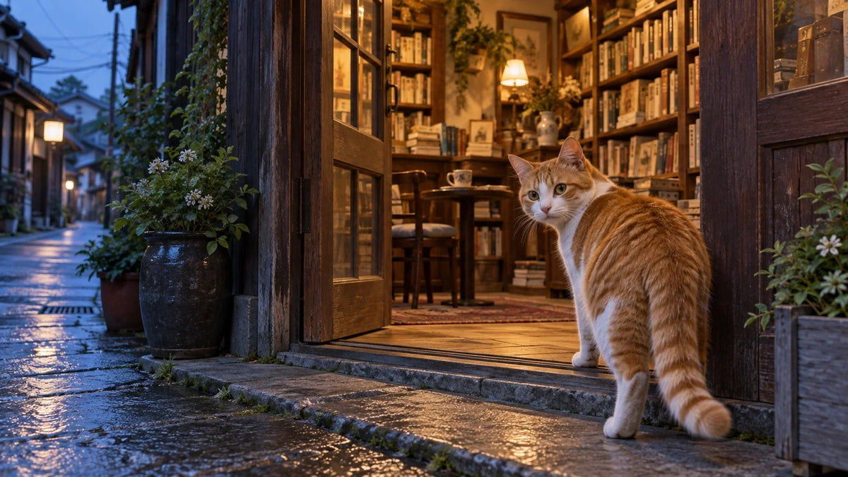 Rote Katze in der offenen Tür einer japanischen Buchhandlung am Abend, dahinter Bücherregale und ein Tisch mit Kaffeetasse