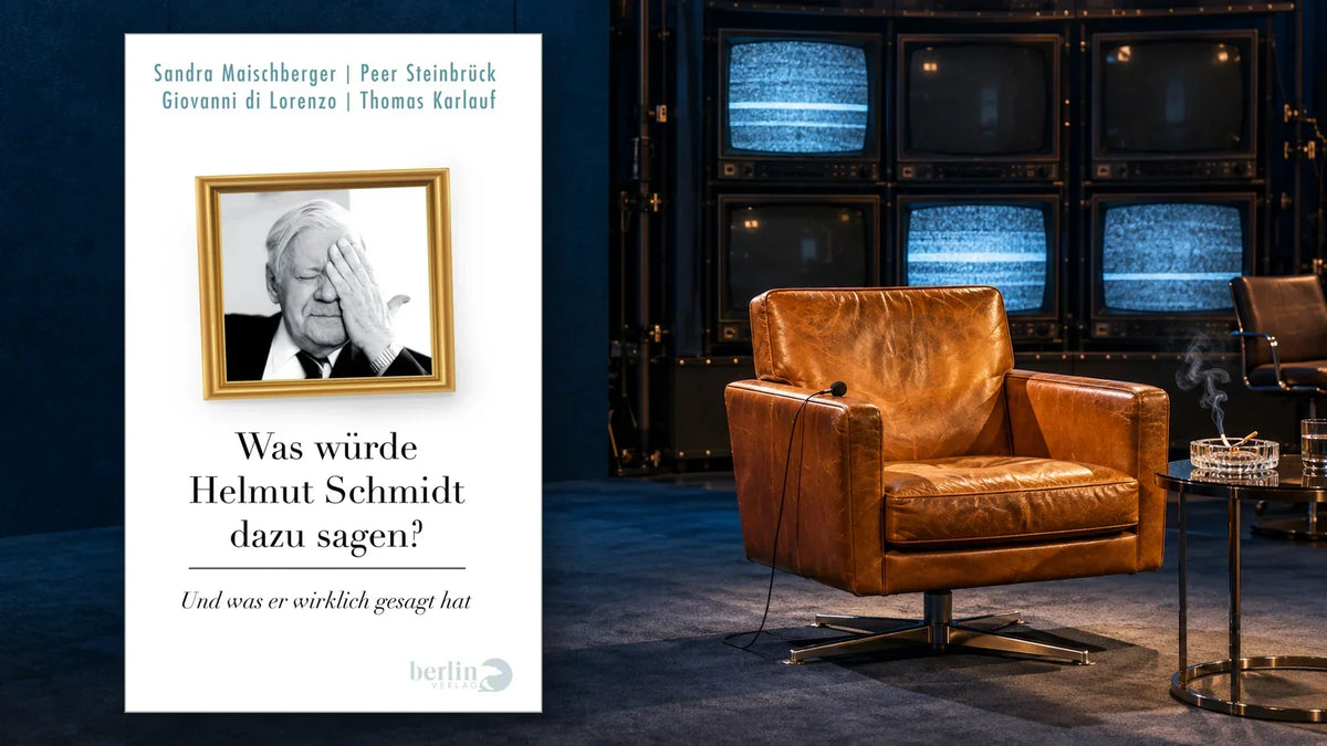Buchcover »Was würde Helmut Schmidt dazu sagen?« vor einem leeren Ledersessel in einem Fernsehstudio, daneben ein Aschenbecher mit brennender Zigarette