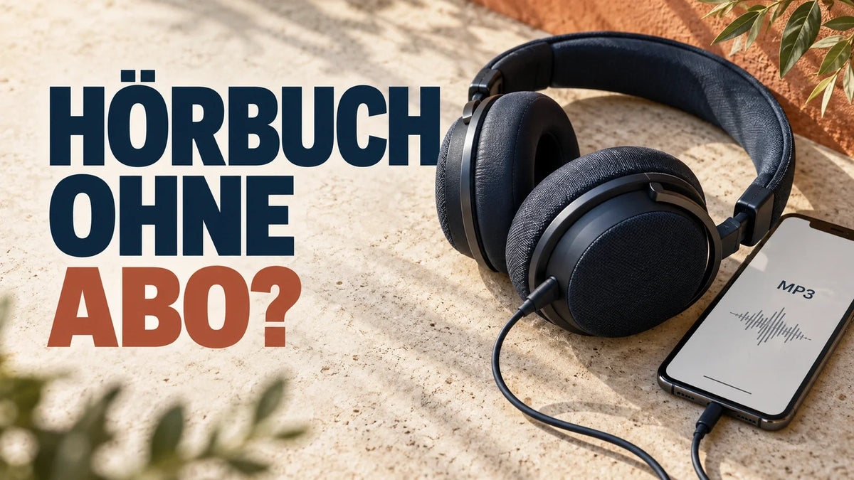 Kopfhörer neben einem Smartphone mit MP3-Anzeige und dem Schriftzug „Hörbuch ohne Abo?“