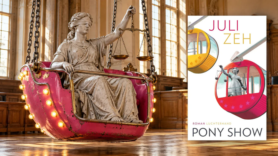 Buchcover »Pony Show« von Juli Zeh neben einer Justitia-Statue in einer pinkfarbenen Kirmesgondel im Gerichtssaal