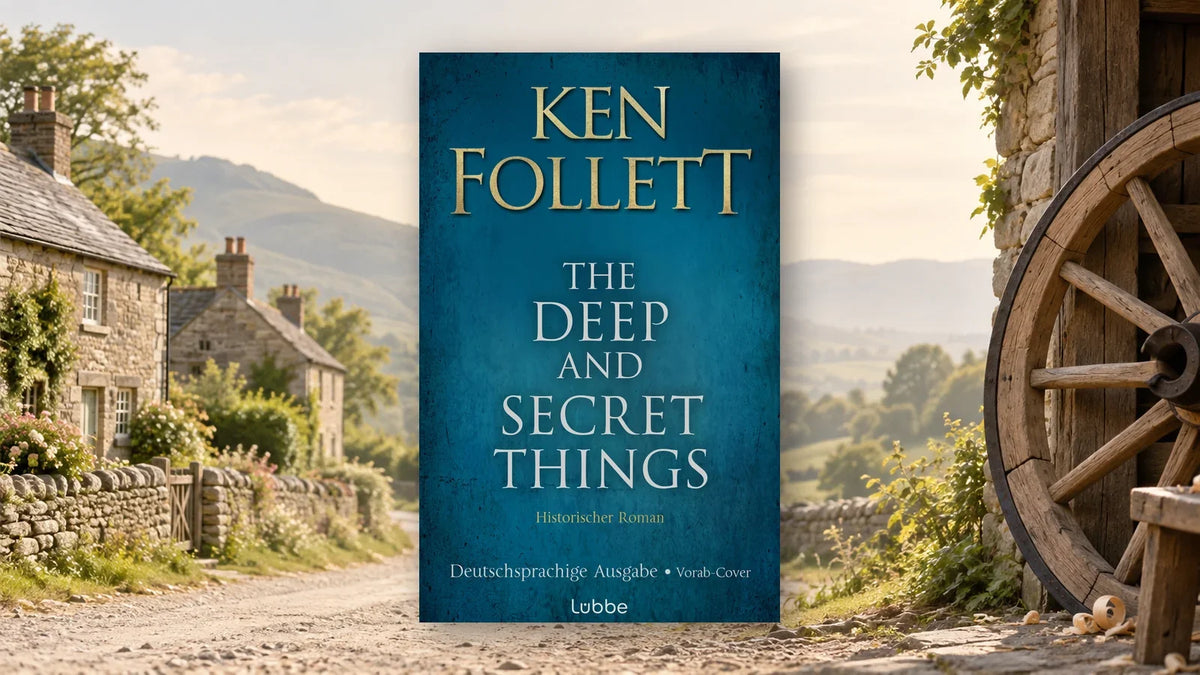 Vorab-Cover der deutschen Ausgabe von Ken Folletts Roman The Deep and Secret Things vor einem walisischen Dorf mit Wagenrad an einer Werkstatt