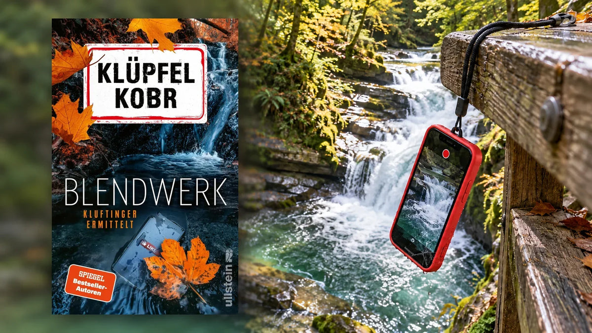Buchcover »Blendwerk« von Klüpfel und Kobr vor einer Allgäuer Schlucht mit Wasserfall, an einem Holzgeländer hängt ein rotes Smartphone mit gesprungenem Display