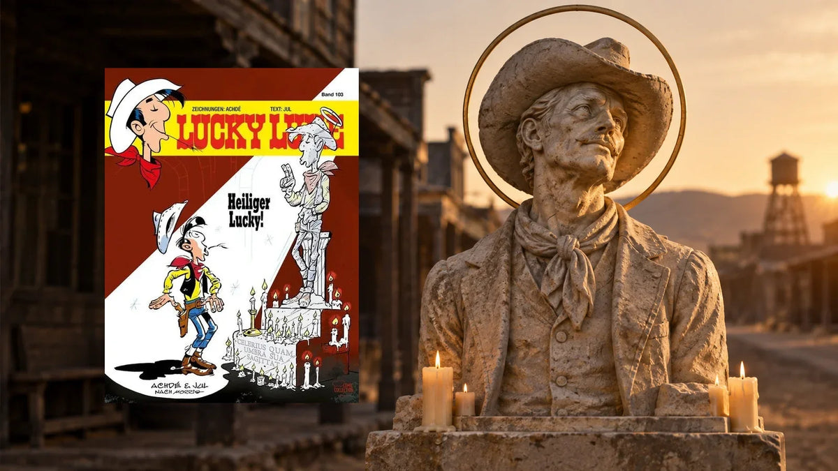 »Lucky Luke 103: Heiliger Lucky!« von Achdé und Jul, deutsche Ausgabe bei Egmont, vor einer Westernstadt im Abendlicht mit dem steinernen Standbild eines Cowboys mit Heiligenschein und brennenden Kerzen