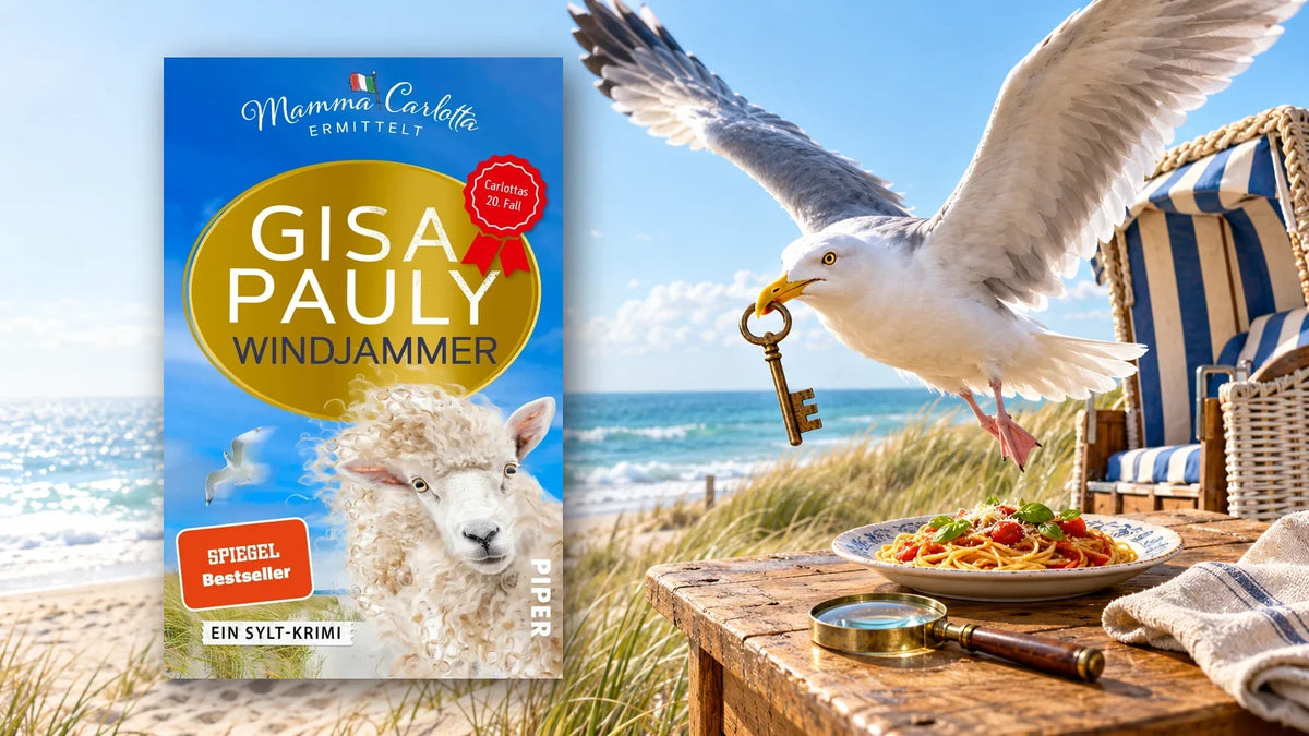 Buchcover »Windjammer« von Gisa Pauly, Band 20 der Mamma-Carlotta-Reihe, am Sylter Strand mit Strandkorb, einer Möwe mit altem Schlüssel im Schnabel und einem Teller Spaghetti neben einer Lupe
