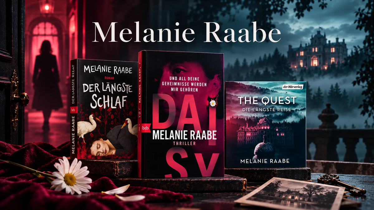 Düstere Bildmontage mit den Covern von „Der längste Schlaf“, „Daisy“ und „The Quest“ von Melanie Raabe.