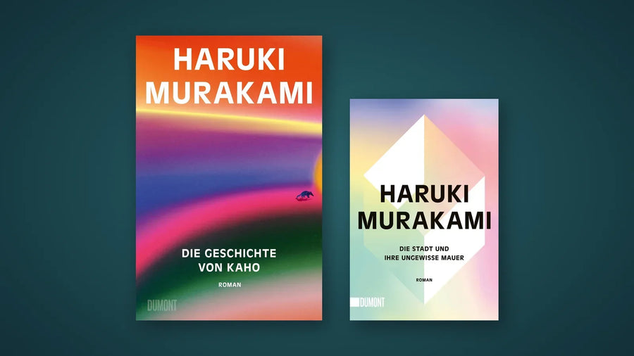 Buchcover Die Geschichte von Kaho, der neue Roman von Haruki Murakami, neben Die Stadt und ihre ungewisse Mauer