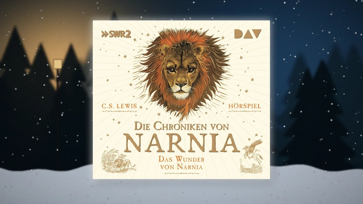 Cover des Hörspiels »Das Wunder von Narnia« mit dem Löwen Aslan vor einem verschneiten Wald mit Laterne bei Nacht