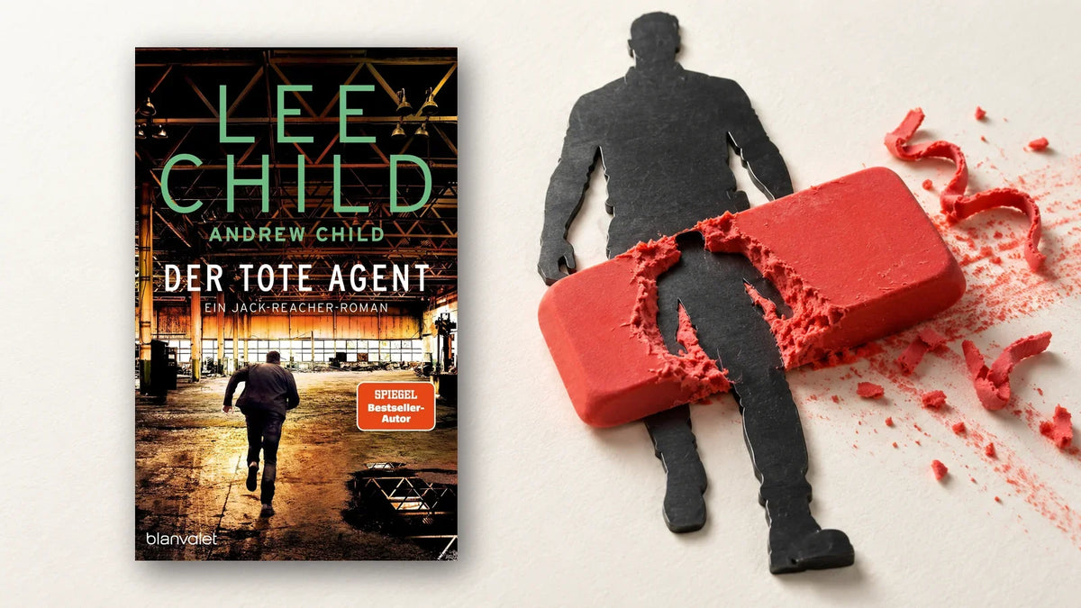 Buchcover »Der tote Agent« von Lee Child und Andrew Child neben der Silhouette eines Mannes, die ein roter Radiergummi nicht wegradieren kann