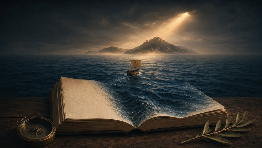 Offenes Buch mit Ägäis-Wellen und antikem Segelschiff auf dem Weg nach Ithaka – Symbolbild zur Odyssee-Kaufberatung.