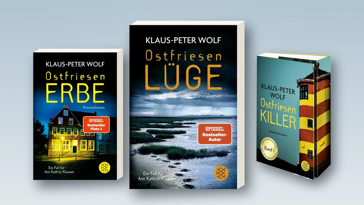 Buchcover Ostfriesenlüge, Ostfriesenerbe und Ostfriesenkiller von Klaus-Peter Wolf vor hellem Nordsee-Hintergrund