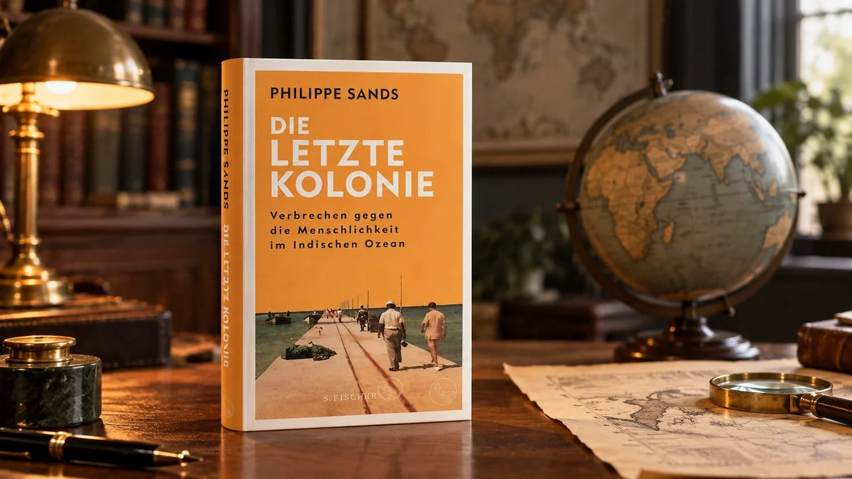 Die letzte Kolonie von Philippe Sands auf einem Schreibtisch, daneben ein Globus mit Afrika und dem Indischen Ozean