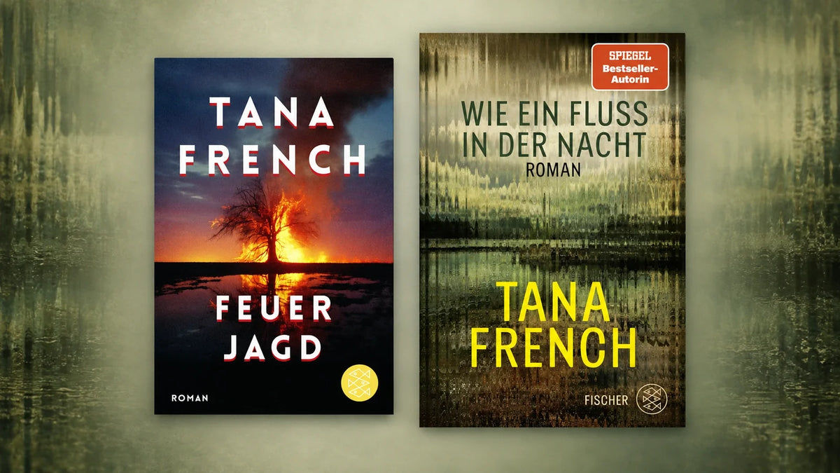 Die Buchcover von „Feuerjagd“ und „Wie ein Fluss in der Nacht“ von Tana French nebeneinander vor einem grünen Hintergrund.