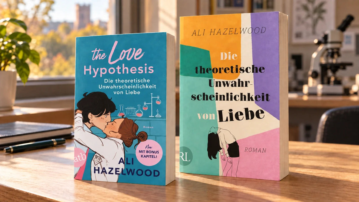 The Love Hypothesis von Ali Hazelwood: das Taschenbuch von 2024 mit Bonuskapitel und das Paperback von 2022 nebeneinander auf einem Labortisch.
