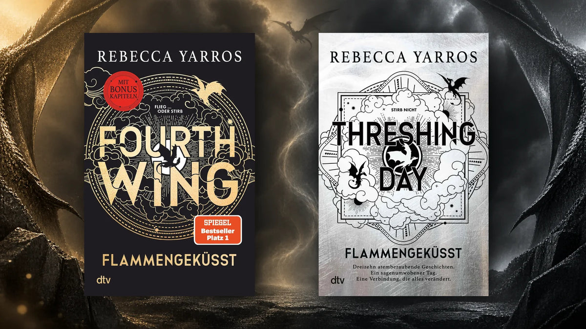 Originalcover von „Fourth Wing“ und „Threshing Day“ von Rebecca Yarros vor einem dunklen Hintergrund mit Drachenflügeln.