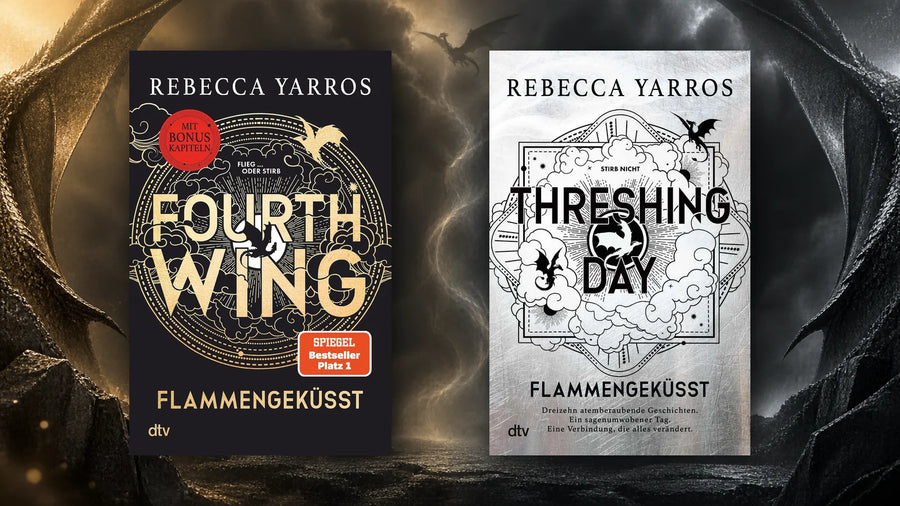 Originalcover von „Fourth Wing“ und „Threshing Day“ von Rebecca Yarros vor einem dunklen Hintergrund mit Drachenflügeln.