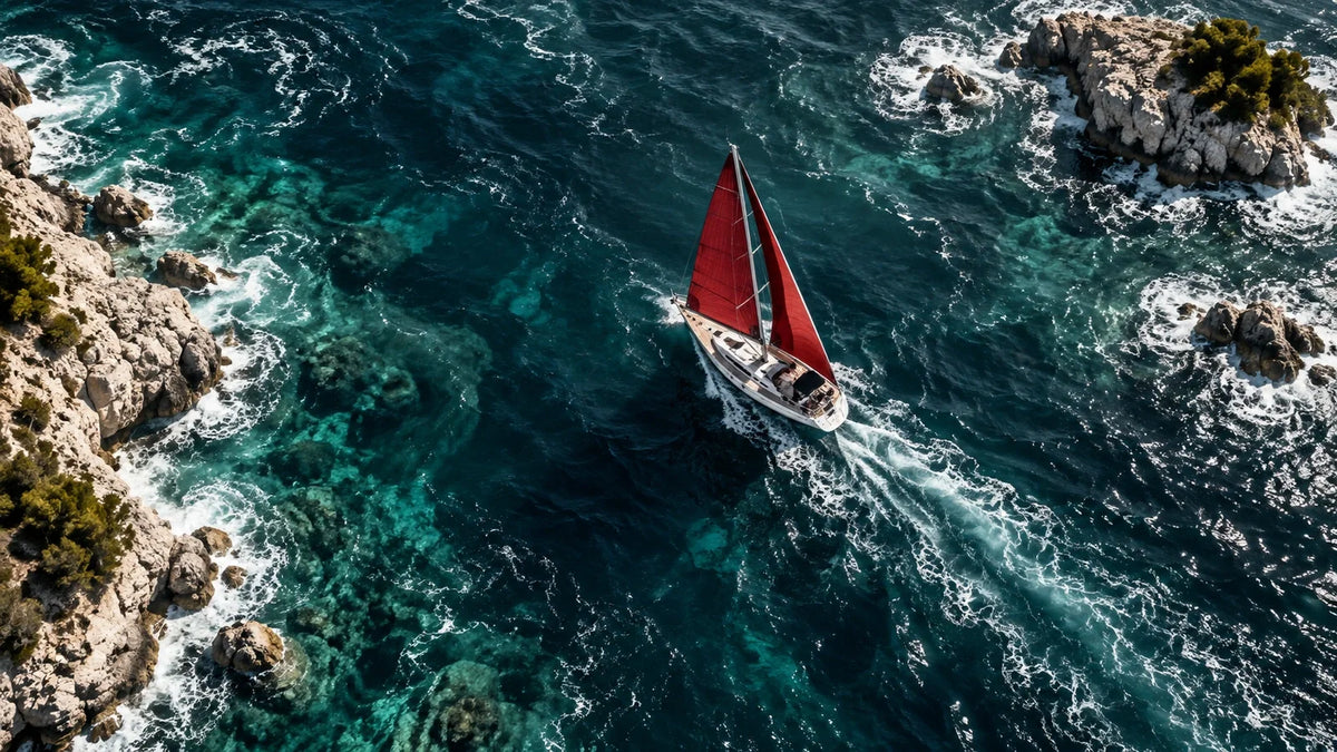 Segeljacht mit roten Segeln zwischen felsigen Inseln im dunkelblauen Meer – inspiriert vom Cover von „Totenfrau – Die Rückkehr“.