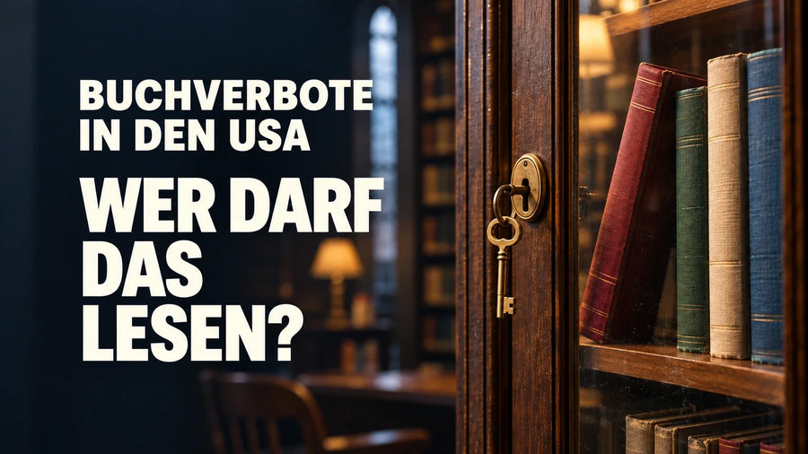 Symbolbild zu Buchverboten in den USA: Bücher hinter einer Glastür mit Schloss und Schlüssel, daneben die Frage „Wer darf das lesen?“.