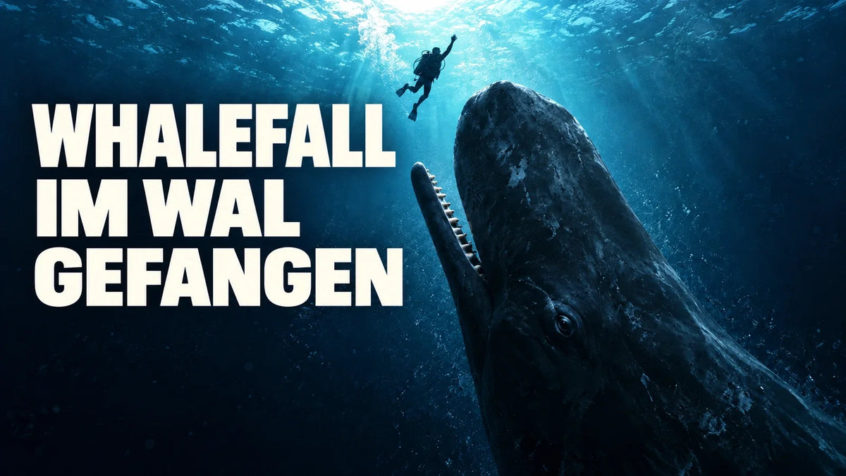 Symbolisches Motiv zu Whalefall: Ein Taucher schwimmt zur Oberfläche, unter ihm steigt ein Pottwal mit geöffnetem Maul auf. Schriftzug: „Whalefall – Im Wal gefangen“.