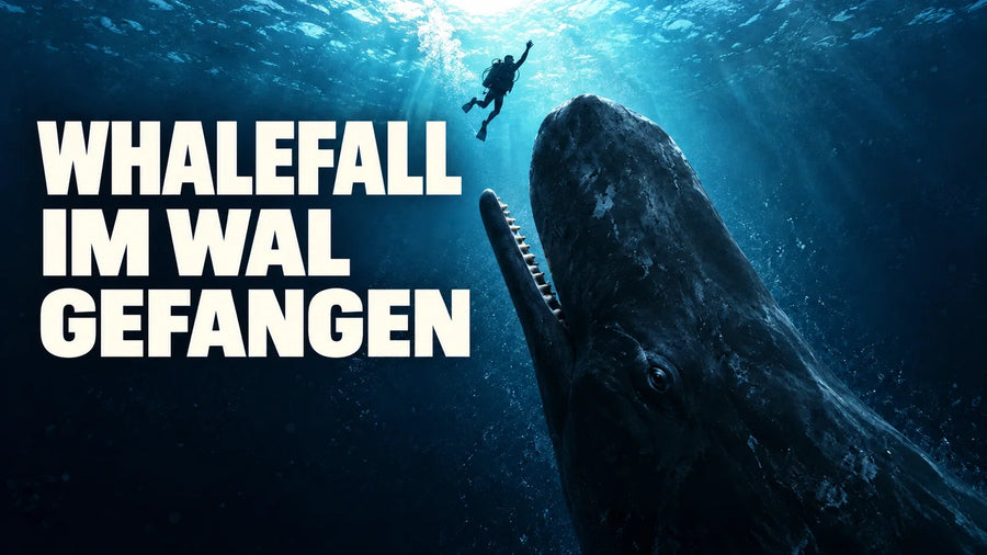 Symbolisches Motiv zu Whalefall: Ein Taucher schwimmt zur Oberfläche, unter ihm steigt ein Pottwal mit geöffnetem Maul auf. Schriftzug: „Whalefall – Im Wal gefangen“.