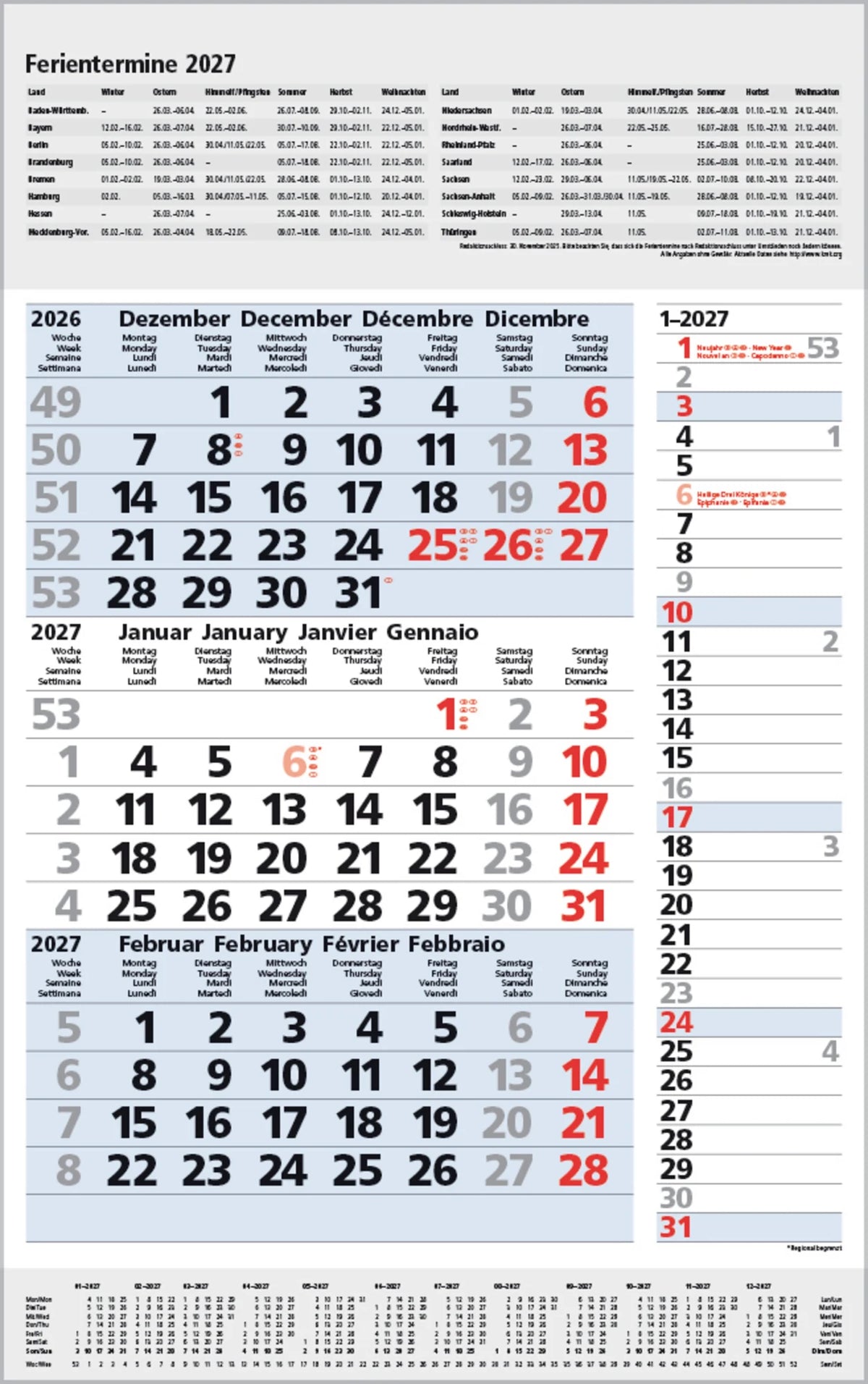 Wandkalender: 3-Monats-Planer Combi Blau 2027