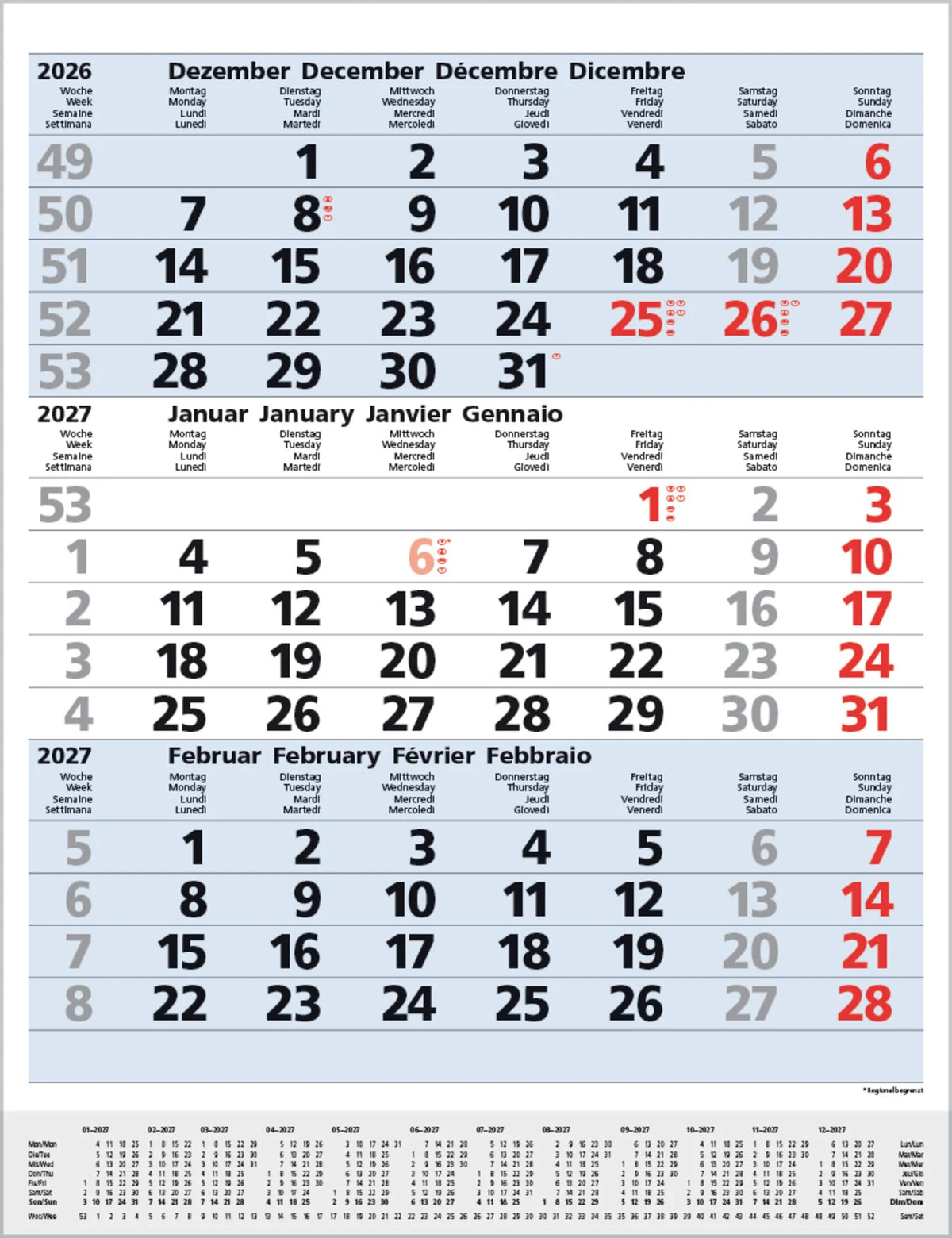 Wandkalender: 3-Monats-Planer Comfort Blau 2027