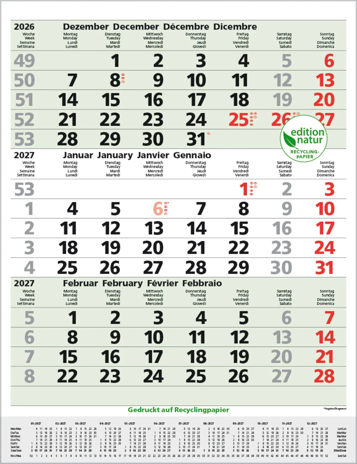 Wandkalender: 3-Monats-Planer Comfort Recyclingpapier 2027