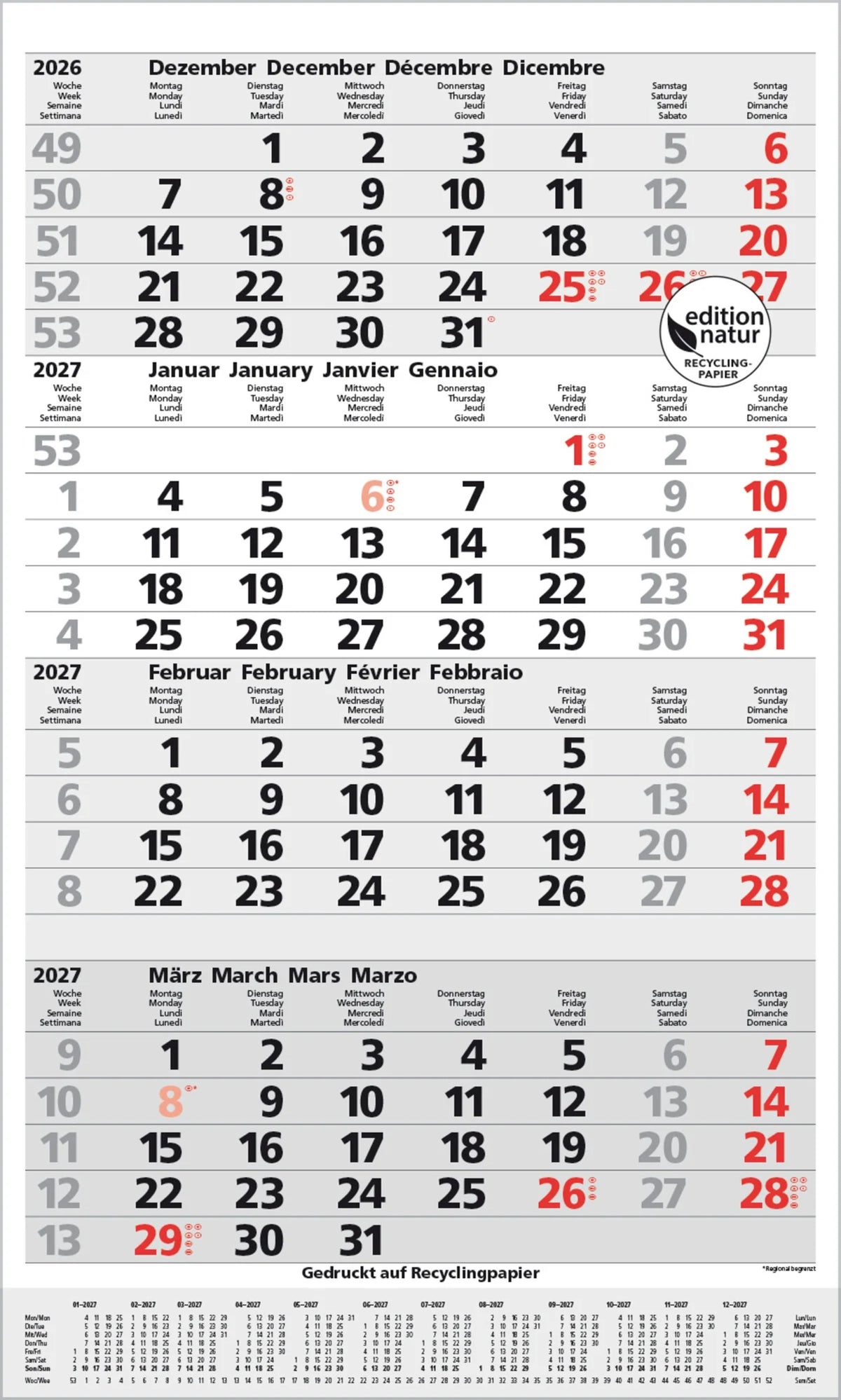 Wandkalender: 4-Monats-Planer Comfort Recyclingpapier 2027