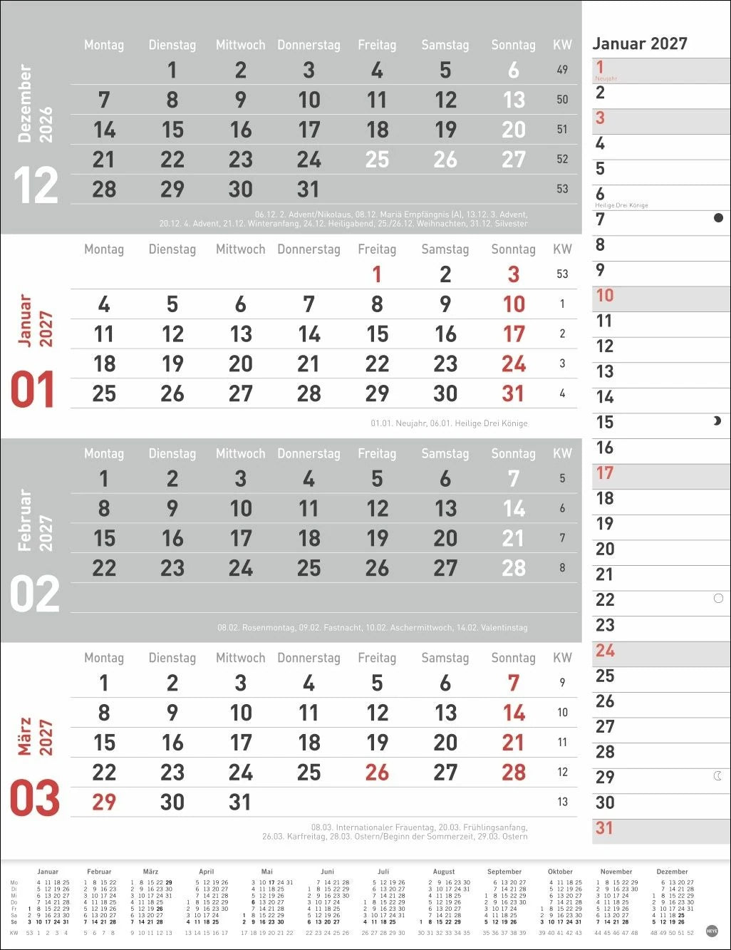 Wandkalender: 4-Monats-Planer, rot 2027