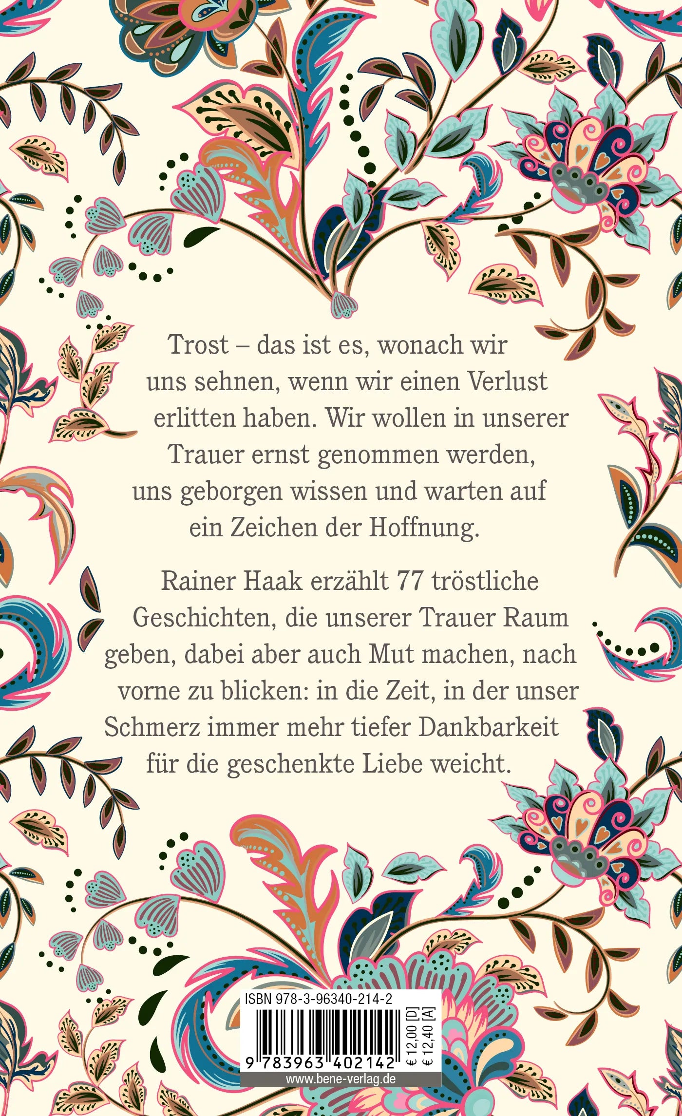 Buchrückseite von '77 mal Trost' mit Klappentext - Gebundene Ausgabe