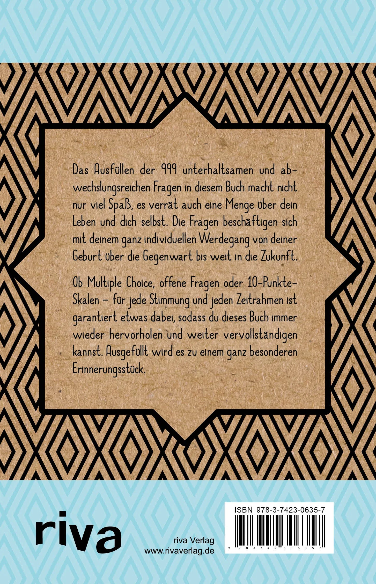 Buchrückseite von '999 Fragen an mich' mit Klappentext - Taschenbuch
