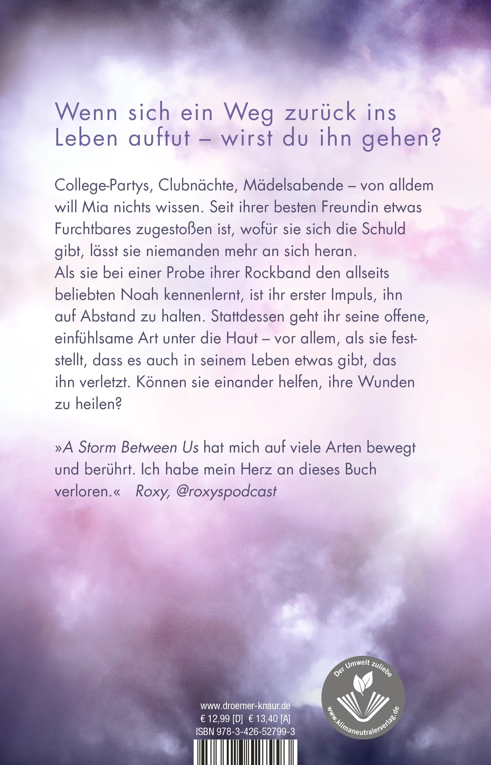 Buchrückseite von 'A Storm Between Us' mit Klappentext - Paperback
