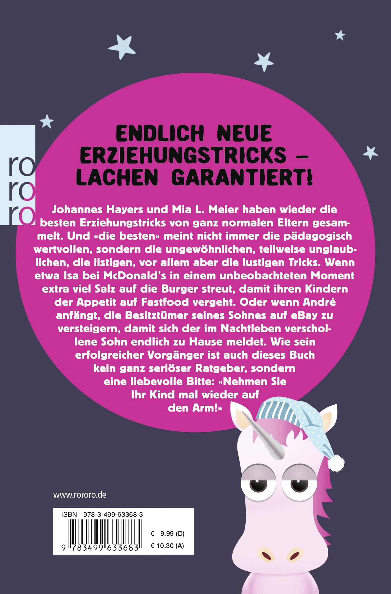 Buchrückseite von 'Ab ins Bett, sonst stirbt ein Einhorn!' mit Klappentext - Taschenbuch