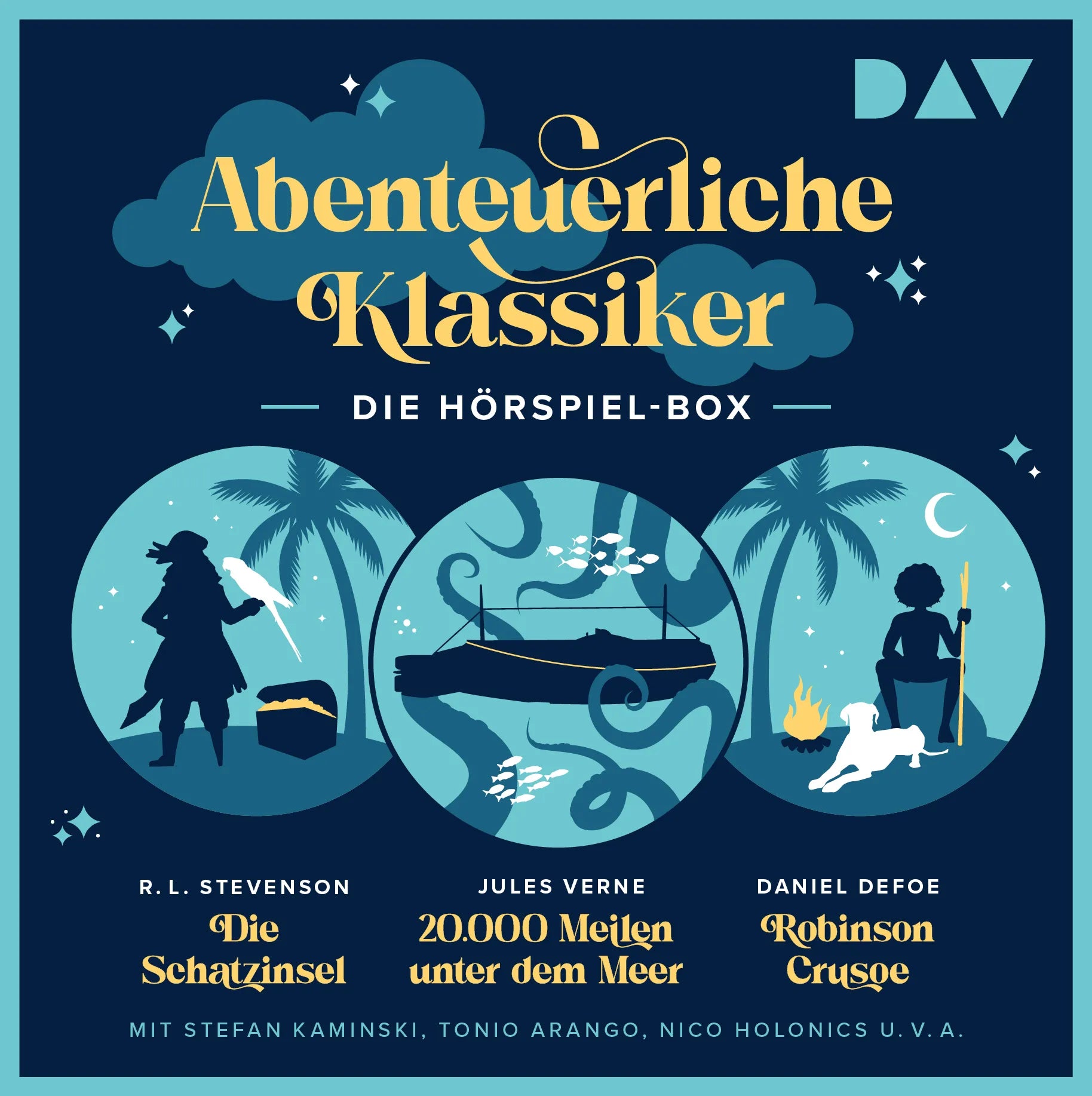 Buchcover von 'Abenteuerliche Klassiker – Die Hörspiel-Box. Die Schatzinsel, 20.000 Meilen unter dem Meer, Robinson Crusoe' - Hörbuch (CD) von Jules Verne