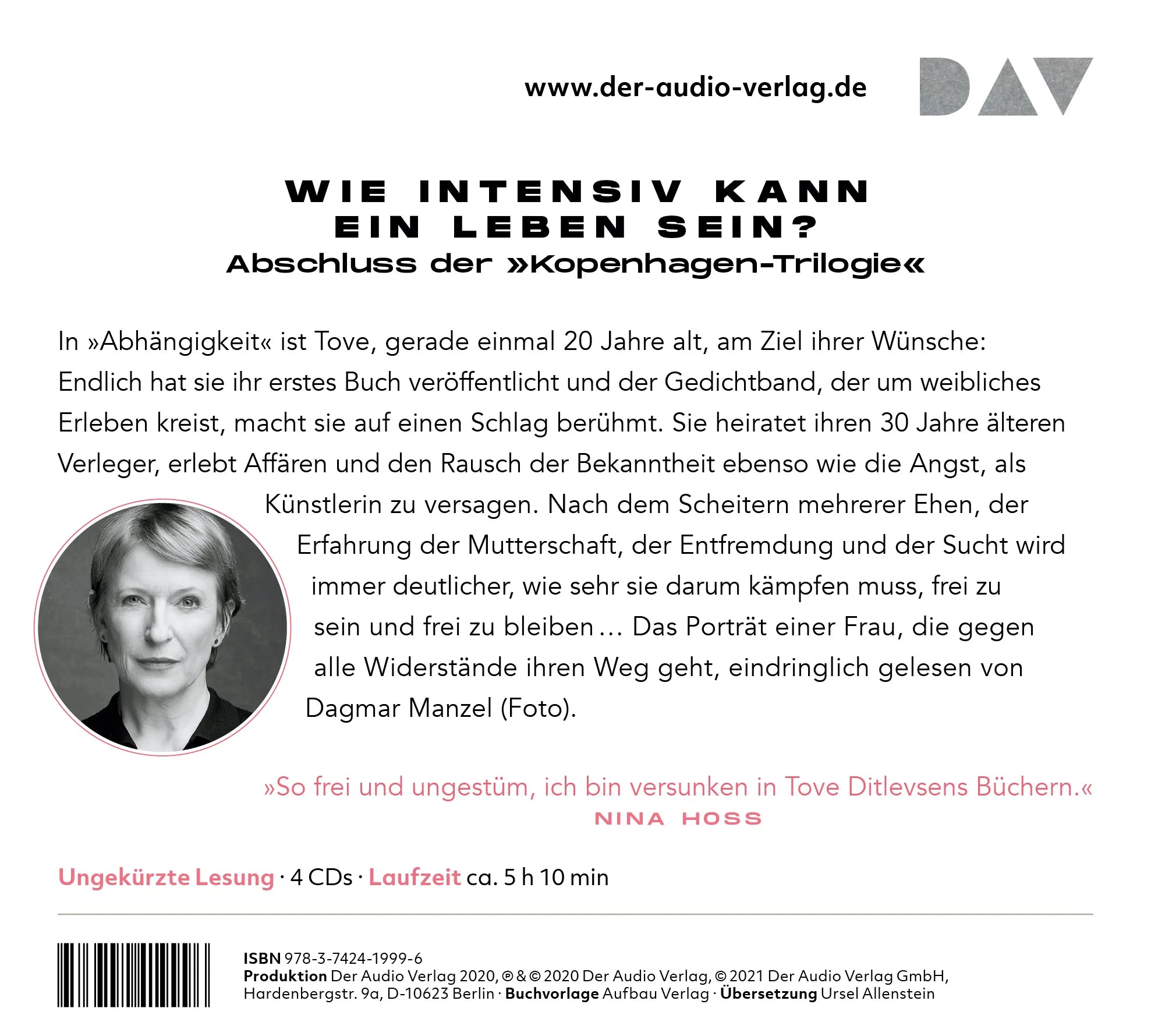 Buchrückseite von 'Abhängigkeit' mit Klappentext - Hörbuch (CD)