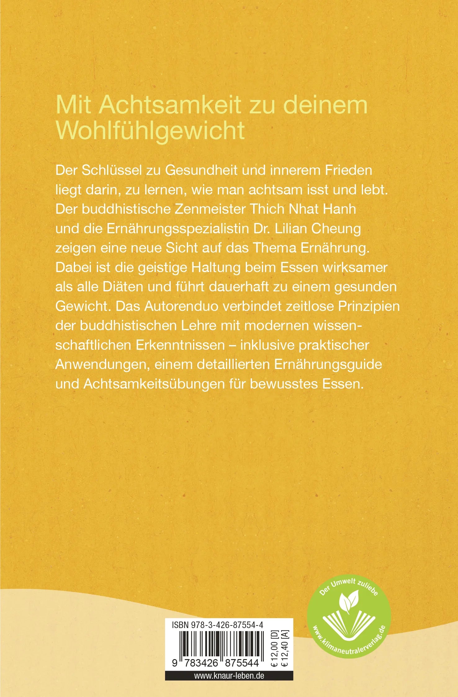 Buchrückseite von 'achtsam essen - achtsam leben' mit Klappentext - Taschenbuch