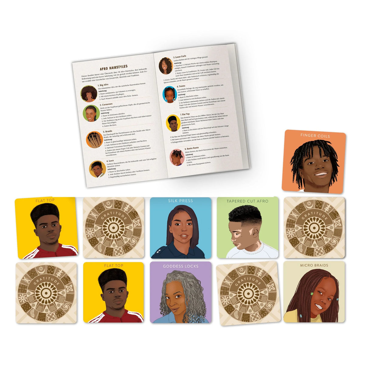 Afro Hair Styles. Memo-Kartenspiel mit 36 Styles incl. Booklet mit Style Infos – Ansicht