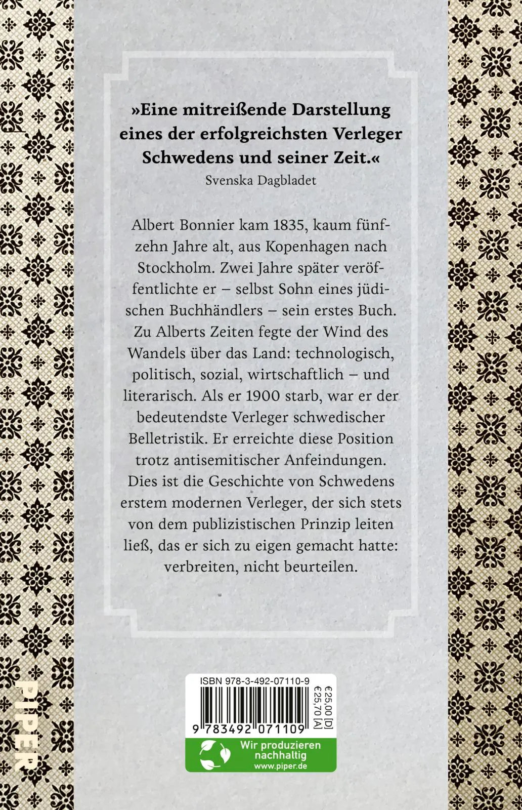 Buchrückseite von 'Albert Bonnier und seine Zeit' mit Klappentext - Gebundene Ausgabe