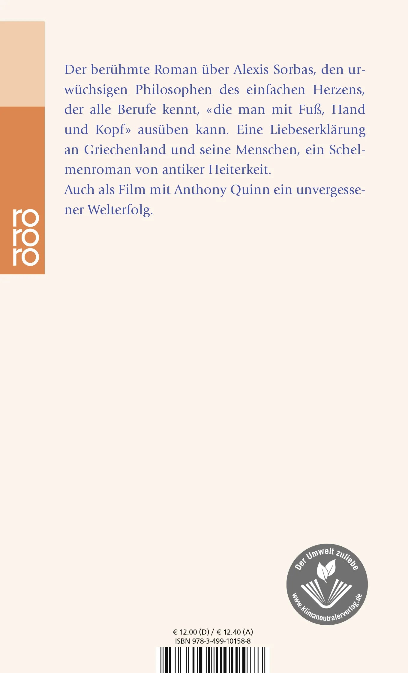 Buchrückseite von 'Alexis Sorbas' mit Klappentext - Taschenbuch
