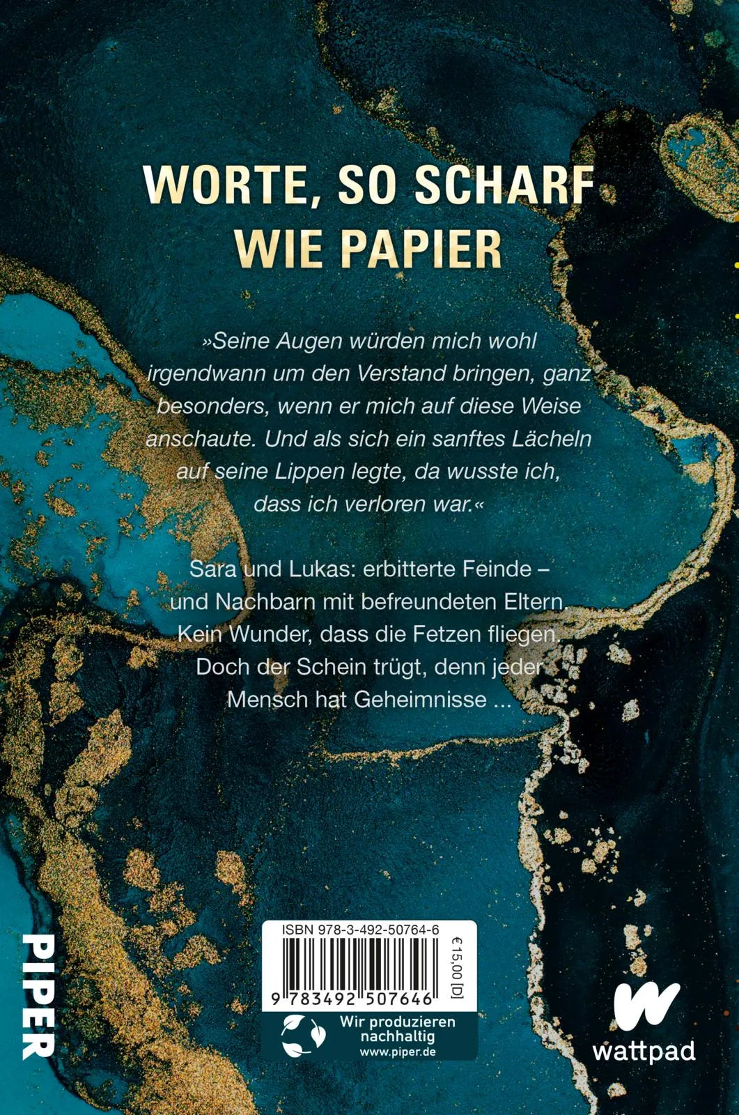 Buchrückseite von 'All die Worte zwischen uns' mit Klappentext - Paperback
