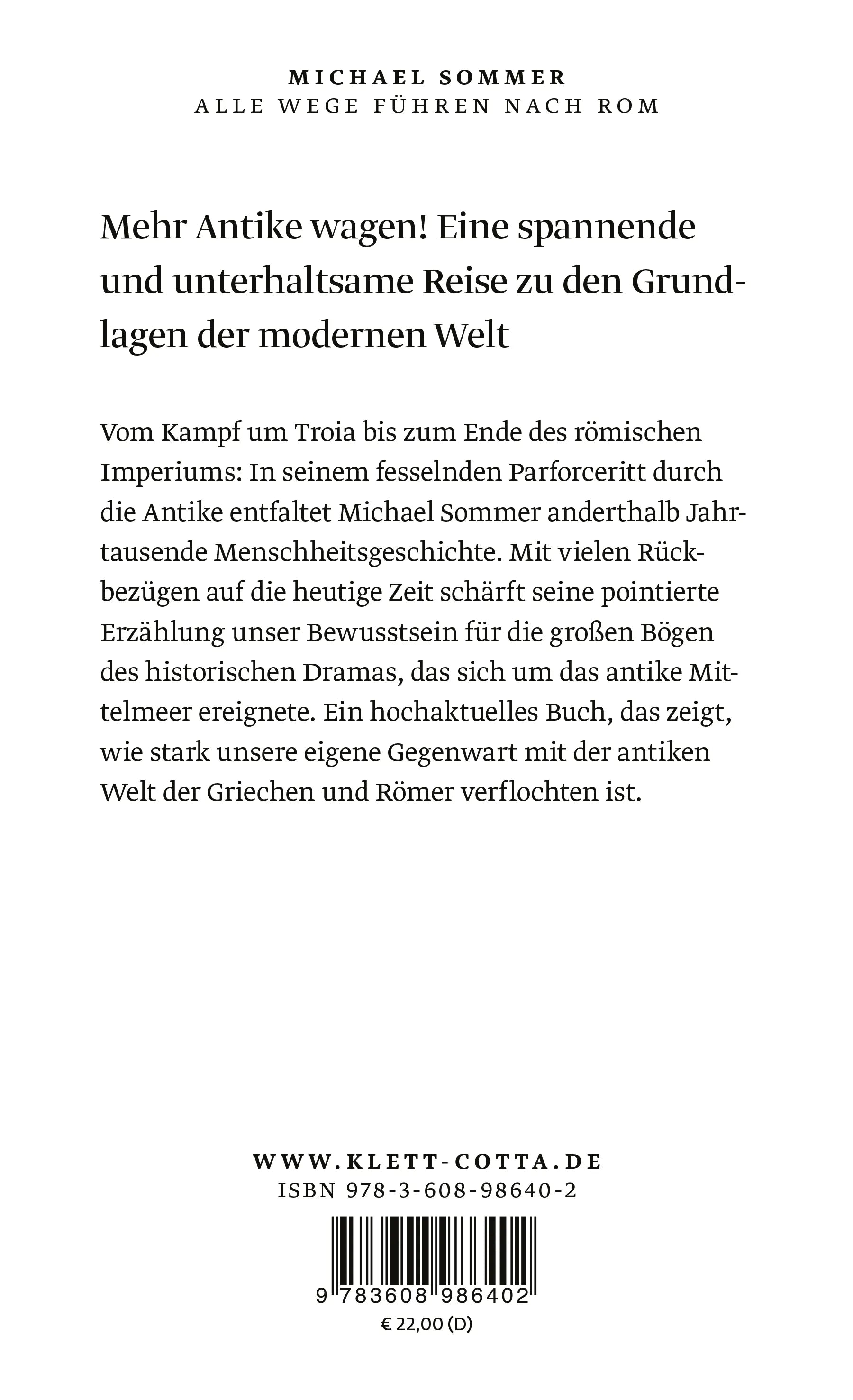 Buchrückseite von 'Alle Wege führen nach Rom' mit Klappentext - Gebundene Ausgabe