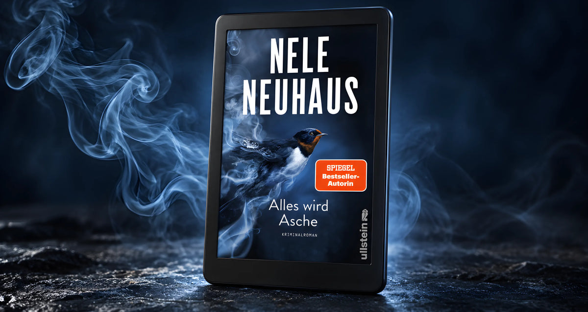 Alles wird Asche von Nele Neuhaus auf einem eReader vor blauem Rauch