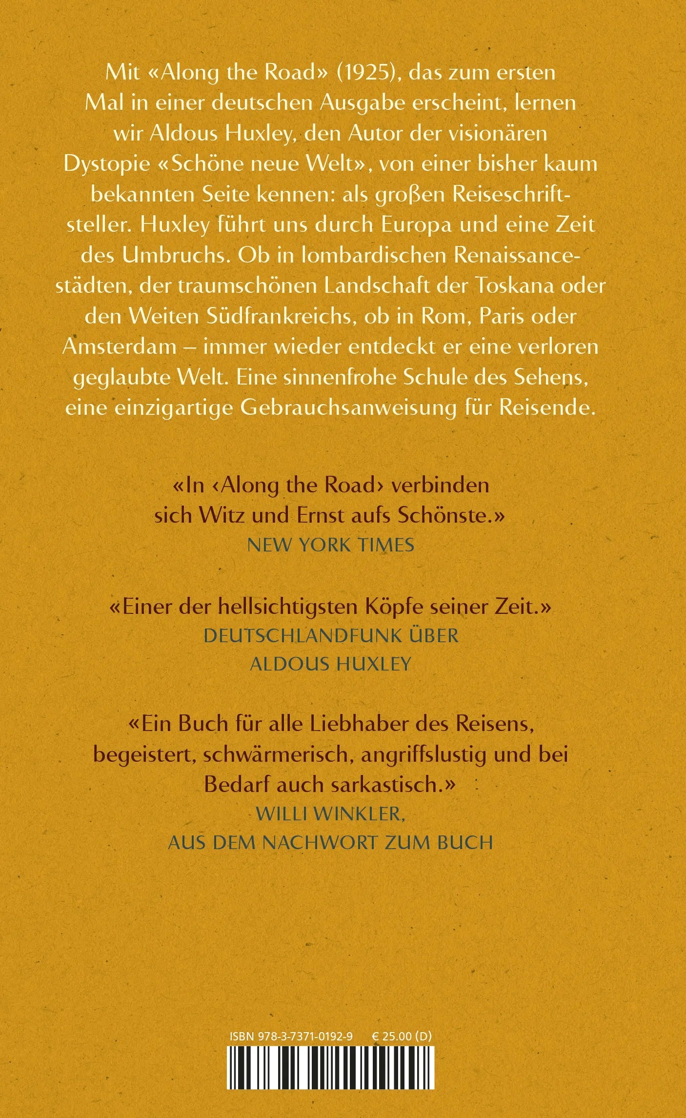 Buchrückseite von 'Along the Road' mit Klappentext - Gebundene Ausgabe