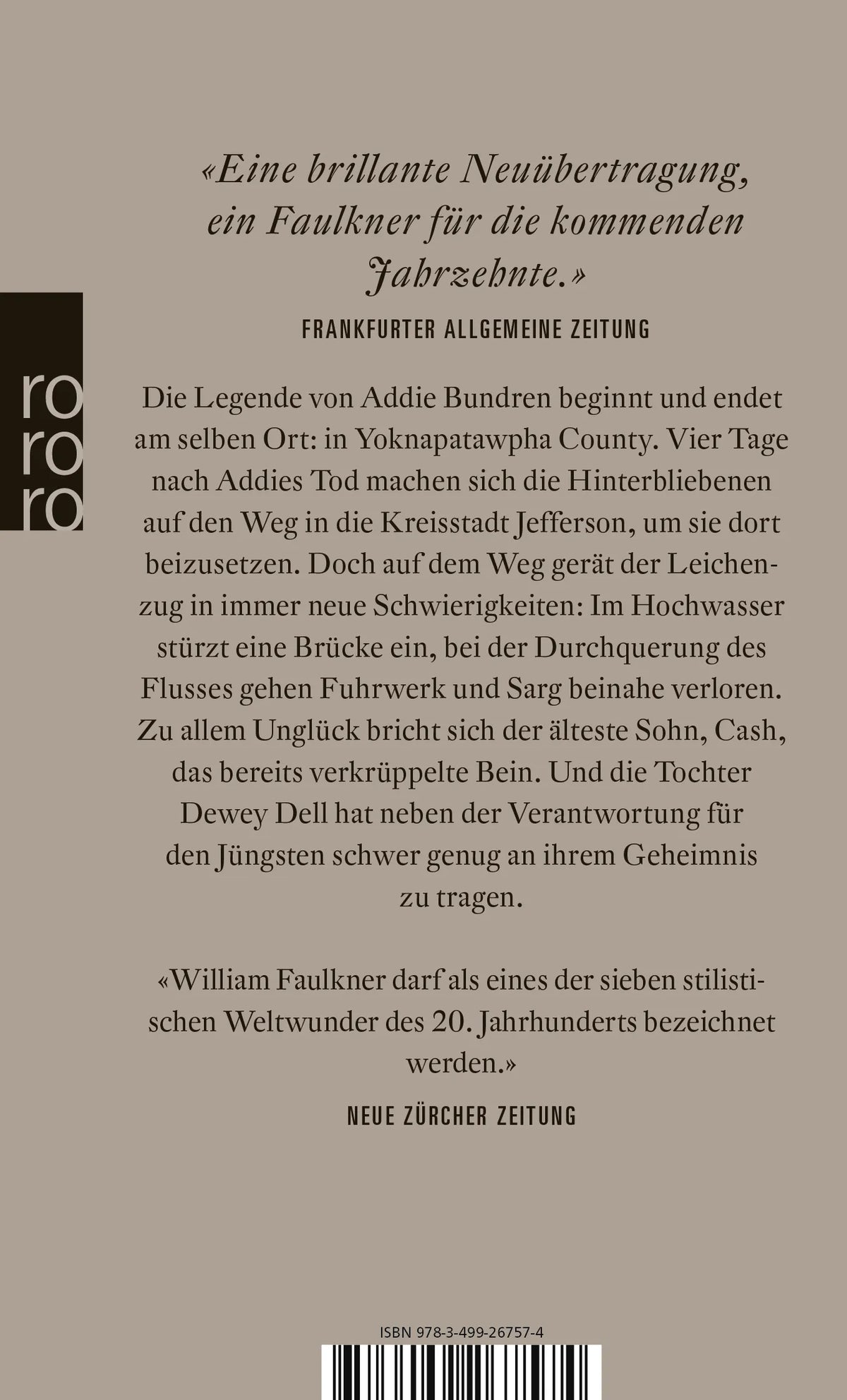 Buchrückseite von 'Als ich im Sterben lag' mit Klappentext - Taschenbuch