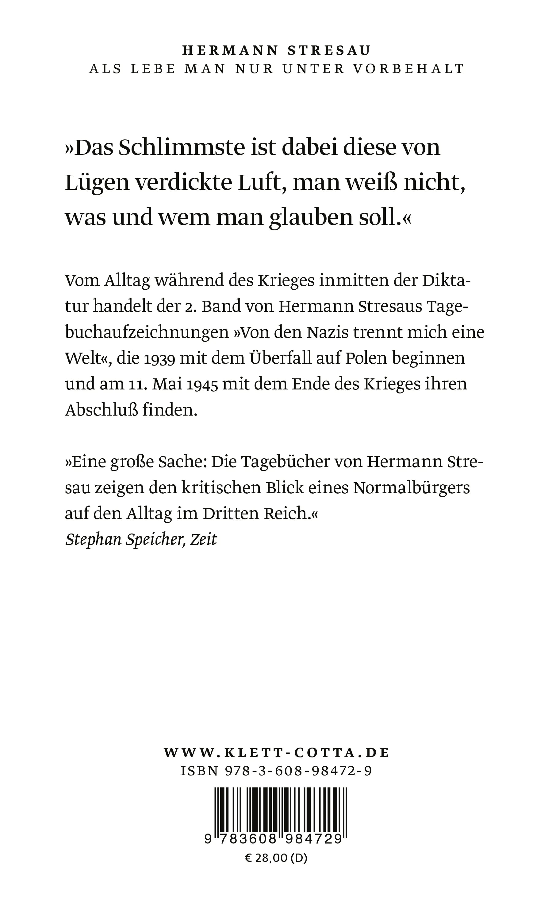Buchrückseite von 'Als lebe man nur unter Vorbehalt' mit Klappentext - Gebundene Ausgabe