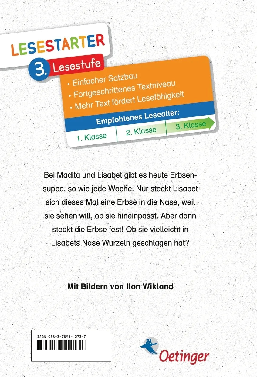 Buchrückseite von 'Als Lisabet sich eine Erbse in die Nase steckte' mit Klappentext - Gebundene Ausgabe