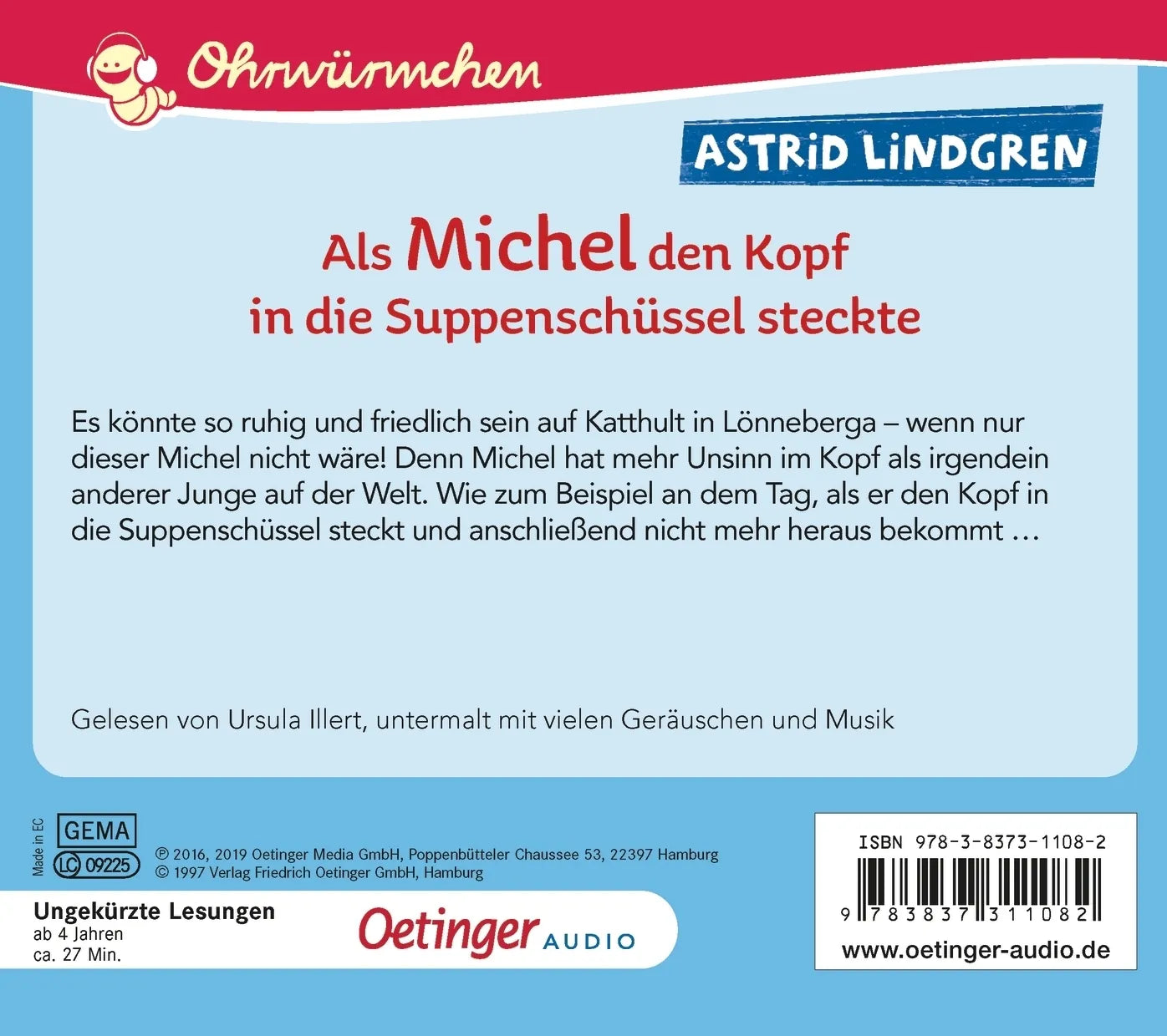 Buchrückseite von 'Als Michel den Kopf in die Suppenschüssel steckte' mit Klappentext - Hörbuch (CD)