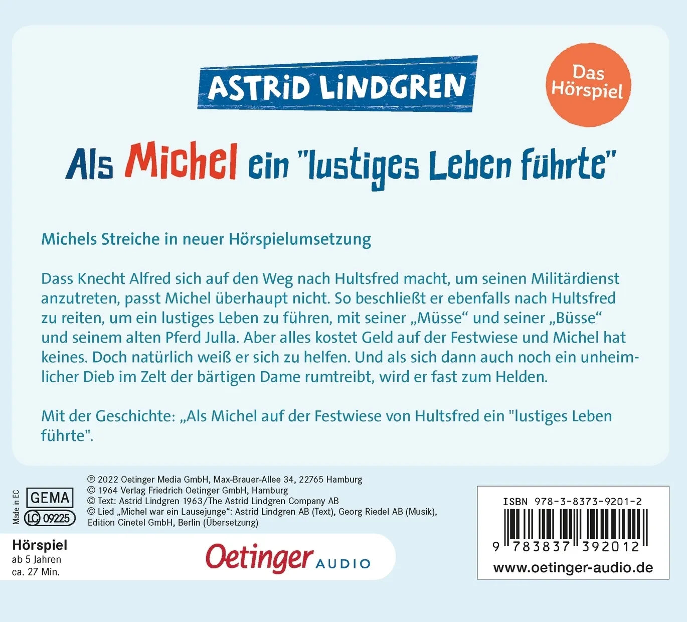 Buchrückseite von 'Als Michel ein "lustiges Leben führte". Das Hörspiel' mit Klappentext - Hörbuch (CD)