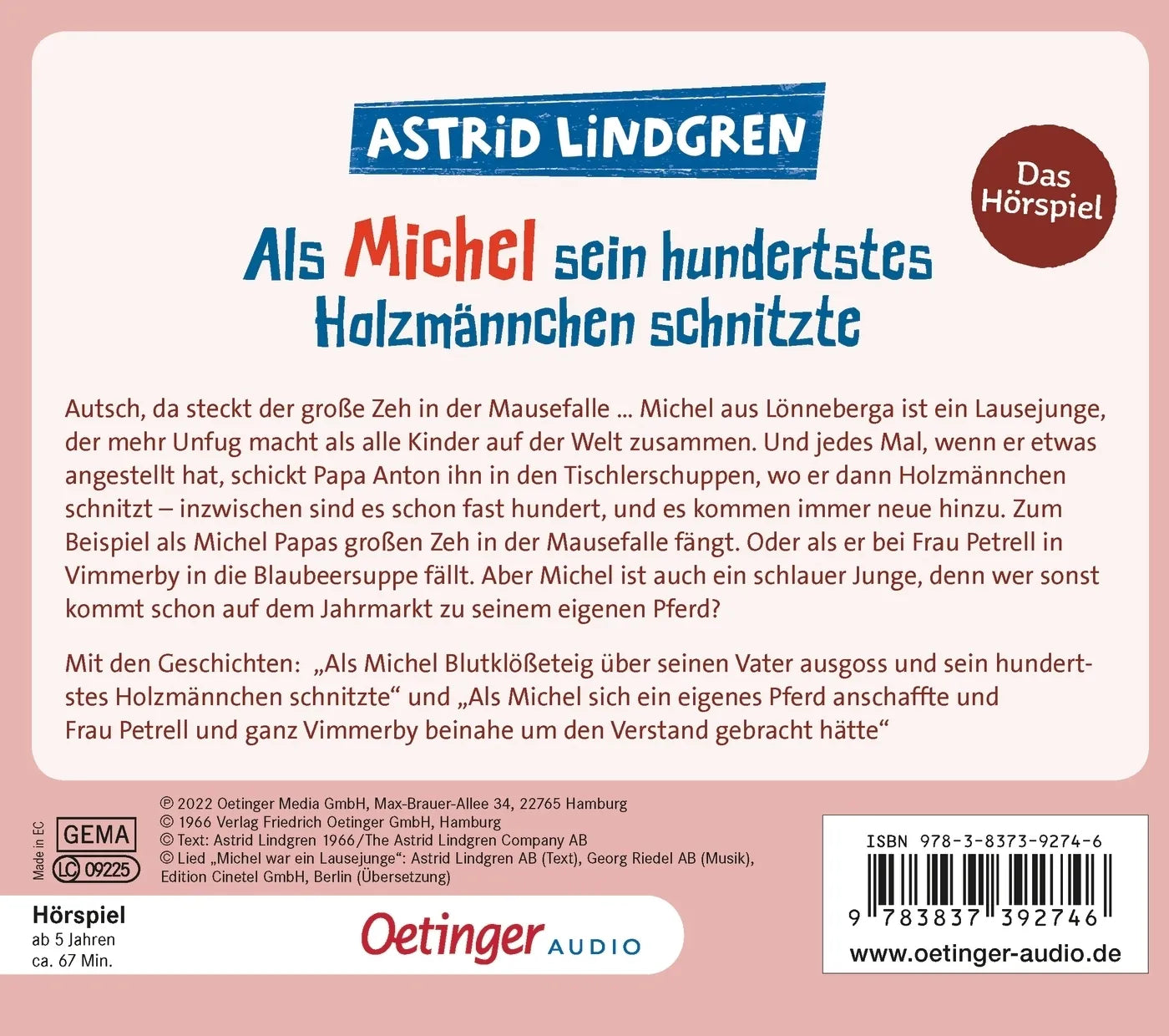Buchrückseite von 'Als Michel sein hundertstes Holzmännchen schnitzte. Das Hörspiel' mit Klappentext - Hörbuch (CD)